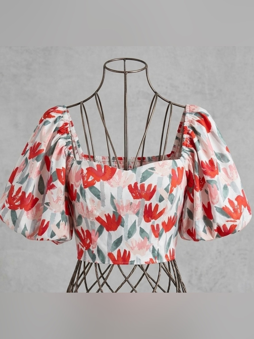 Floral Puff-Sleeve Square-Neck Crop Top - Red Floral